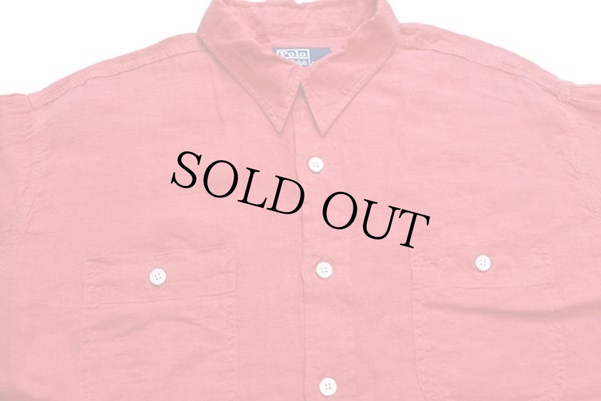 画像3: 00s ポロ ラルフローレン チンスト&マチ付き 無地 リネン ワークシャツ 薄赤 XL (3)