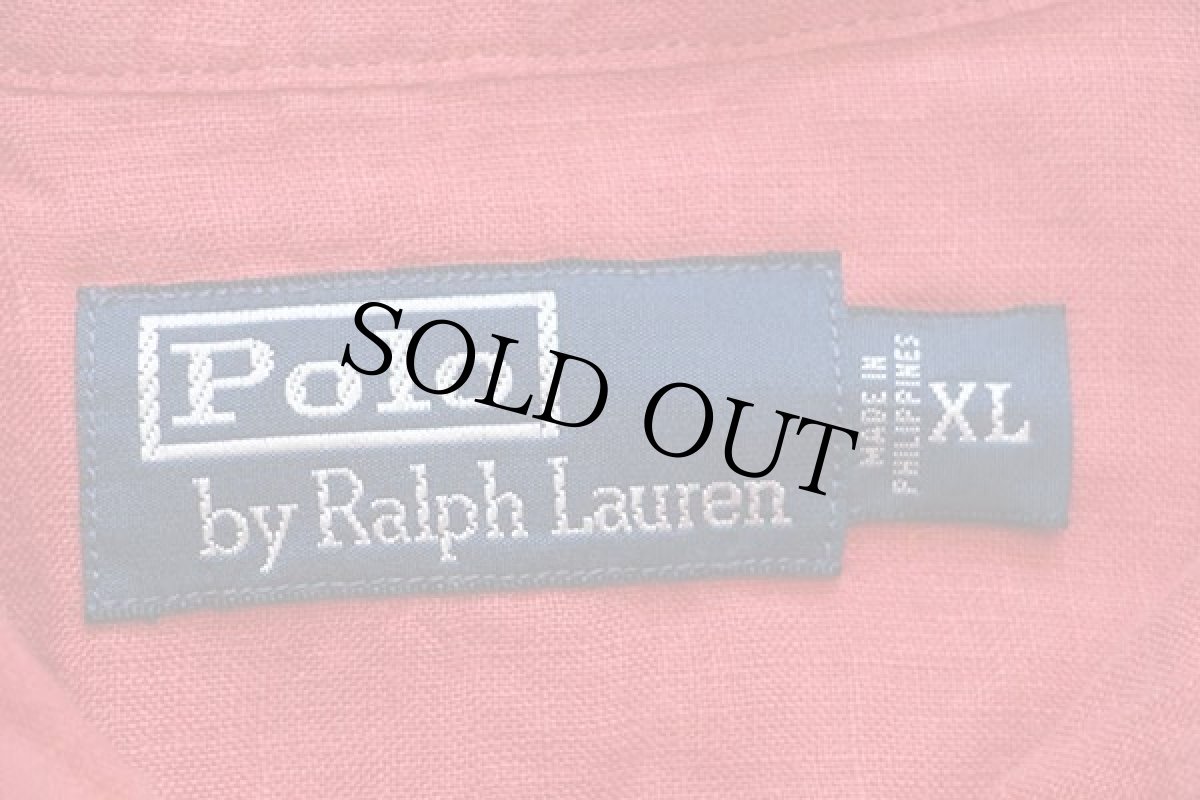 画像4: 00s ポロ ラルフローレン チンスト&マチ付き 無地 リネン ワークシャツ 薄赤 XL (4)