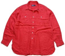 画像1: 00s ポロ ラルフローレン チンスト&マチ付き 無地 リネン ワークシャツ 薄赤 XL (1)