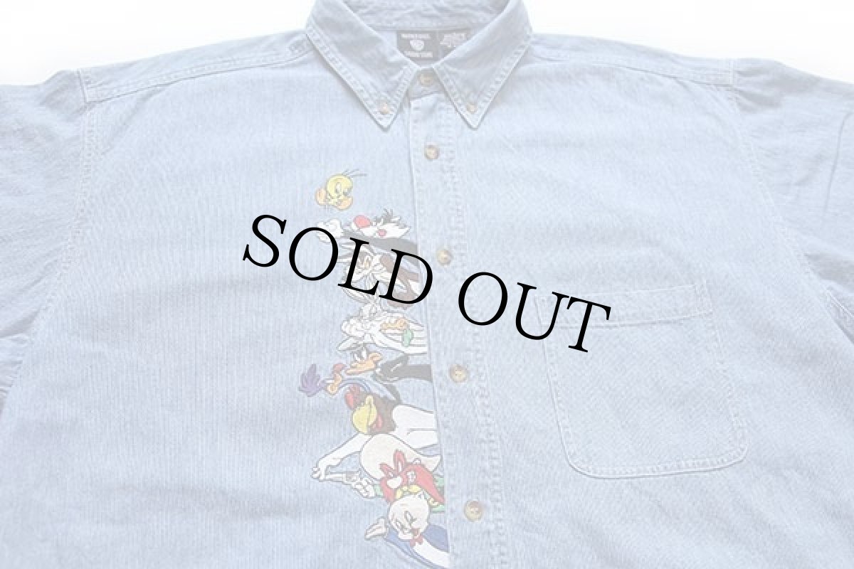 画像3: 90s WARNER BROS LOONEY TUNES バッグスバニー コヨーテ 刺繍 ピンチェック ボタンダウン コットンシャツ (3)