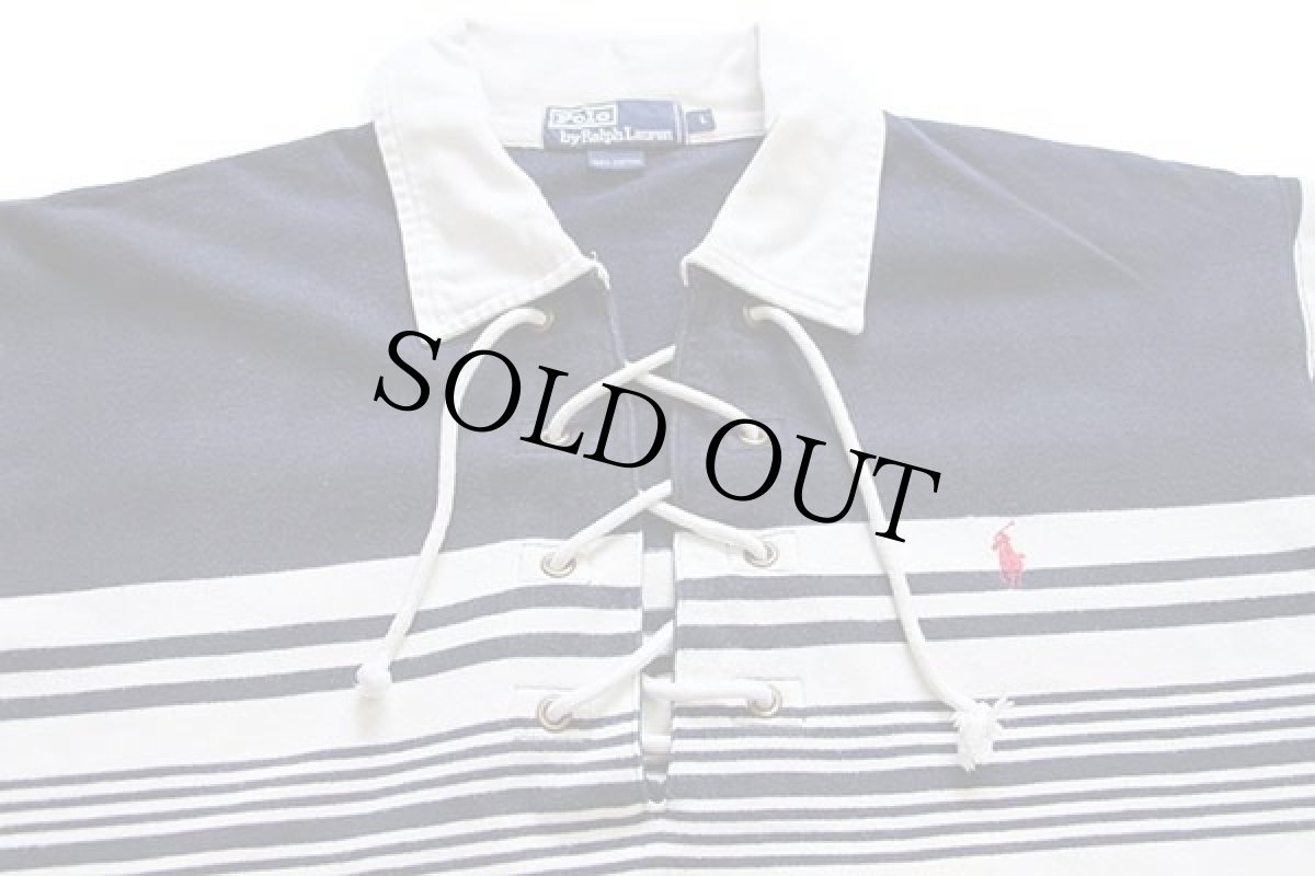 画像3: 00s ポロ ラルフローレン レースアップ コットン ラガーシャツ カスタム 紺×白 L (3)