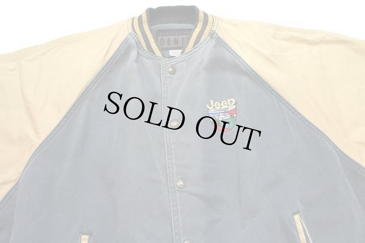 画像3: 90s カナダ製 international DENIM Jeep College 刺繍 ツートン 切り替え カラーデニムスタジャン フェード XL (3)