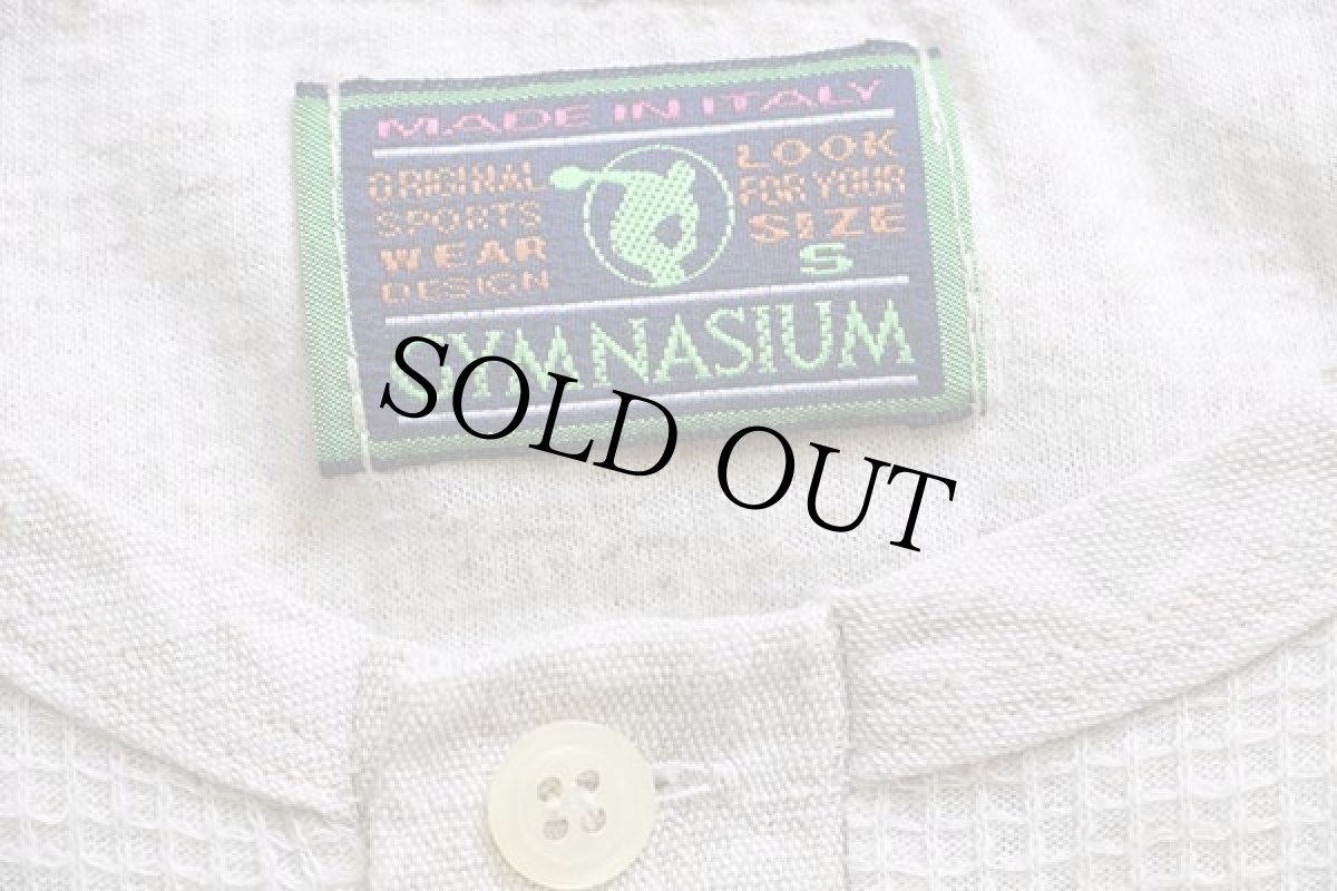 画像4: 90s イタリア製 GYMNASIUM 格子柄ステッチ ヘンリーネック コットン カットソー グレーベージュ S (4)