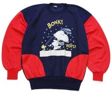 画像1: 80s スヌーピー ウッドストック BONK! HOPS! 発泡プリント ツートン ポケット付き コットン スウェット 紺×赤 (1)