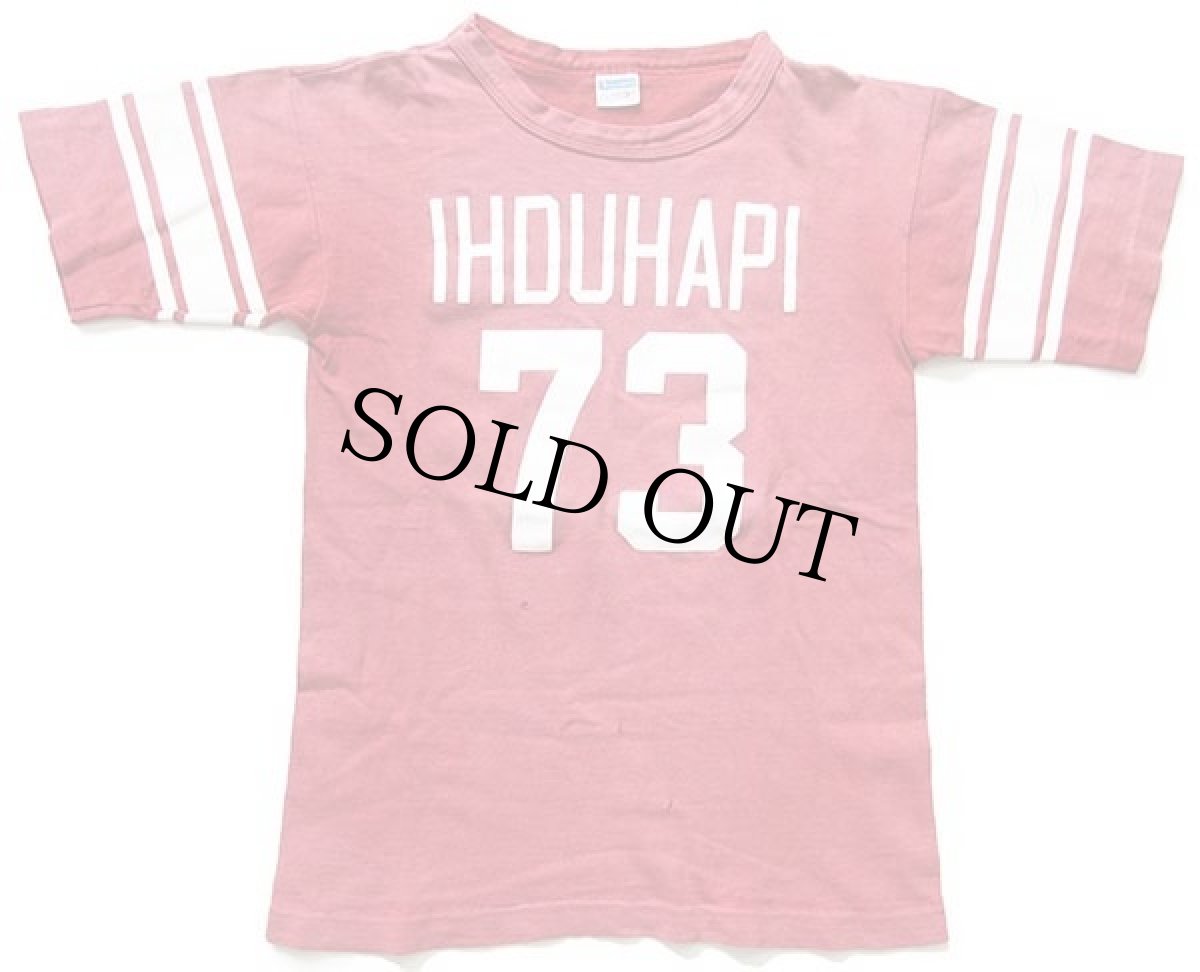 画像1: 70s USA製 Championチャンピオン IHDUHAPI 73 ナンバリング コットン フットボールTシャツ 赤 フェード ボーイズL (1)