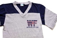 画像1: 70s USA製 Championチャンピオン WORLDS OF FUN 染み込みプリント ツートン Vネック Tシャツ 杢グレー×紺 S (1)