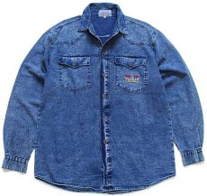 画像1: 90s LAVISH JEANS ロゴ刺繍 ケミカルウォッシュ デニムシャツ 4★アシッド (1)