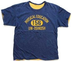 画像1: 80s USA製 Championチャンピオン PHYSICAL EDUCATION 156 UW-OSHKOSH ひび割れプリント コットン リバーシブルTシャツ紺×黄 (1)