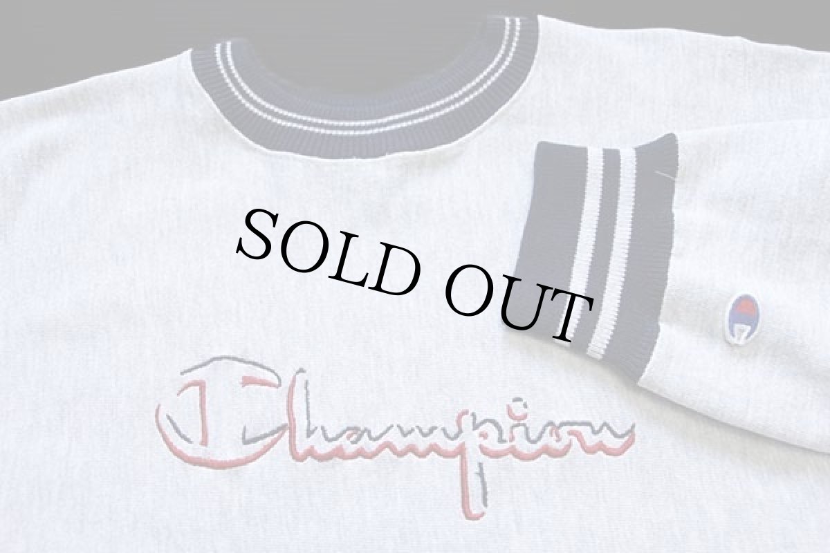 画像3: 90s USA製 Championチャンピオン スクリプト ビッグロゴ刺繍 リブライン リバースウィーブ スウェット 杢グレー×紺 M (3)