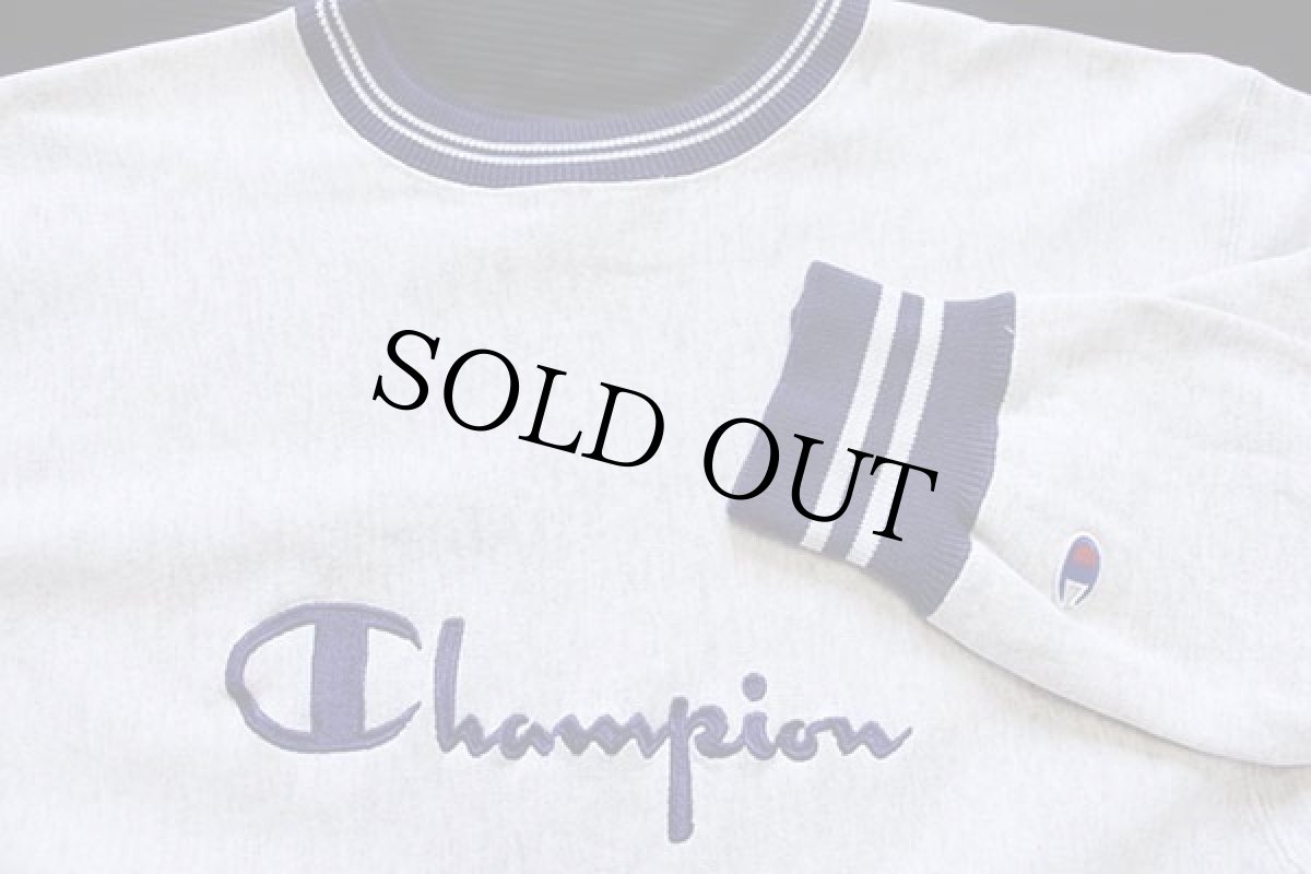 画像3: 90s USA製 Championチャンピオン スクリプト ビッグロゴ刺繍 リブライン リバースウィーブ スウェット オートミール×ナス紺 XXL★133 (3)