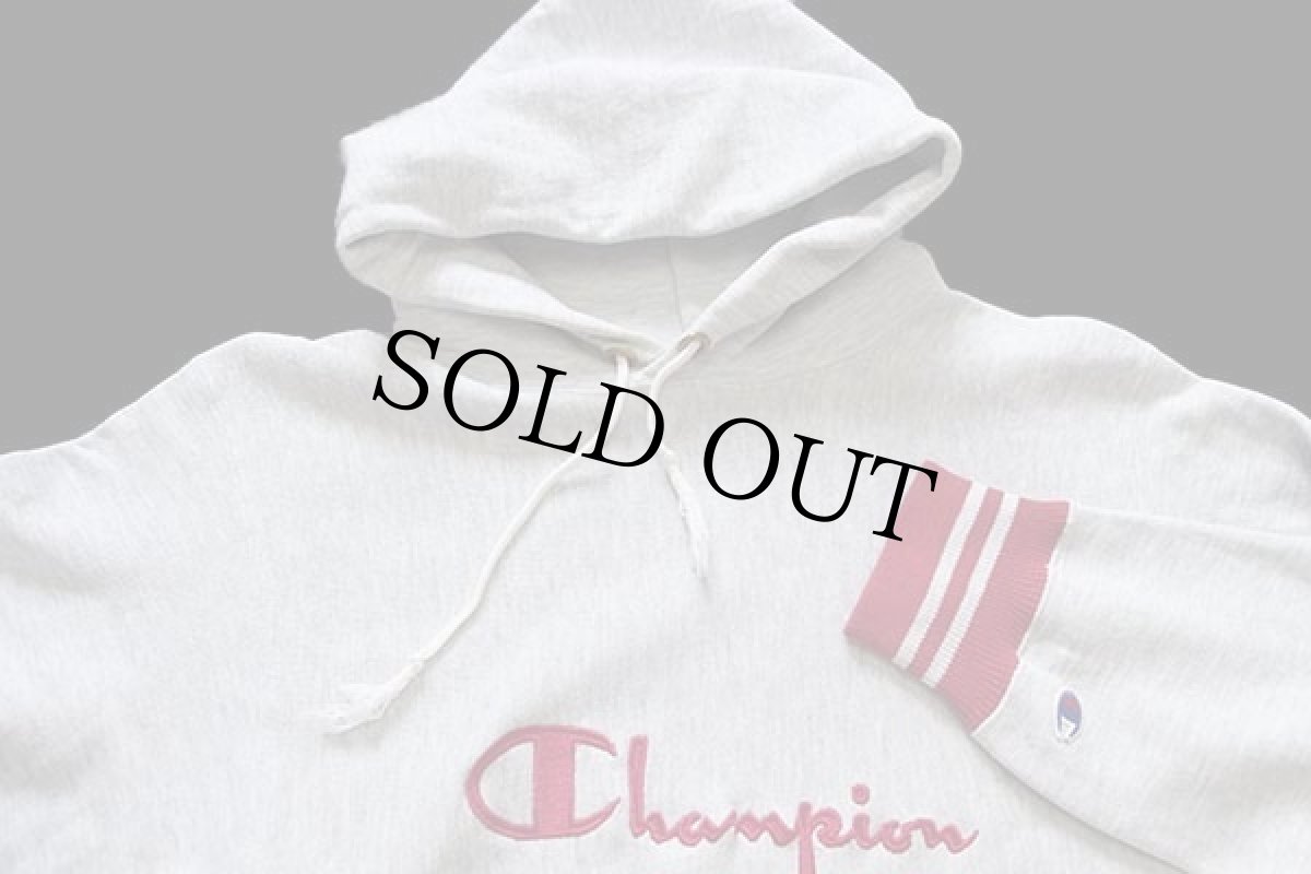 画像3: 90s USA製 Championチャンピオン スクリプト ビッグロゴ刺繍 リブライン リバースウィーブ スウェットパーカー 杢グレー×ピンク L★フーディー (3)