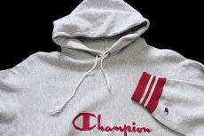 画像3: 90s USA製 Championチャンピオン スクリプト ビッグロゴ刺繍 リブライン リバースウィーブ スウェットパーカー 杢グレー×ピンク L (3)
