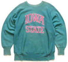 画像1: 90s USA製 Championチャンピオン IOWA STATE ひび割れプリント リバースウィーブ スウェット エメラルドグリーン フェード L (1)