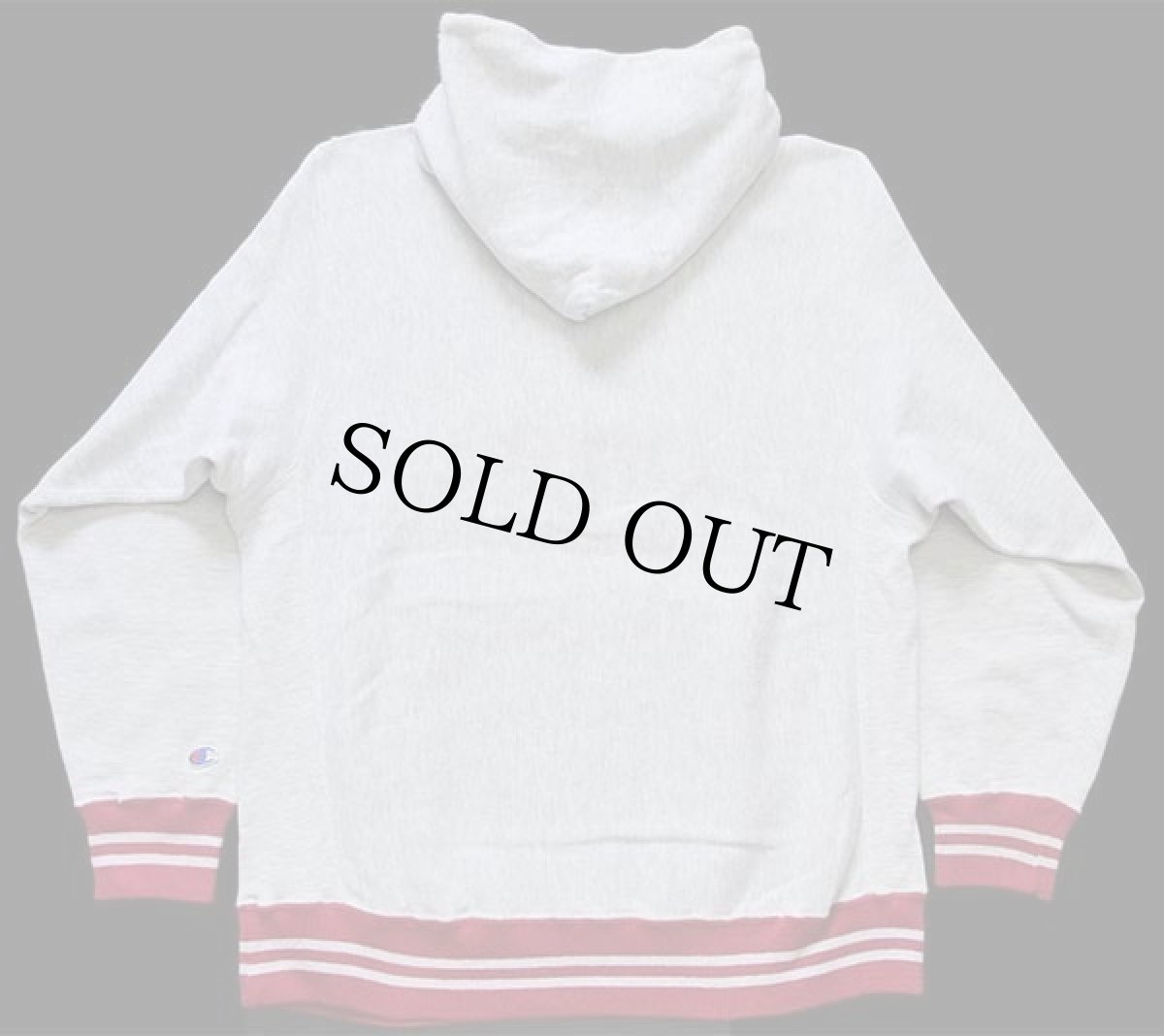 画像2: 90s USA製 Championチャンピオン スクリプト ビッグロゴ刺繍 リブライン リバースウィーブ スウェットパーカー 杢グレー×ピンク L★フーディー (2)