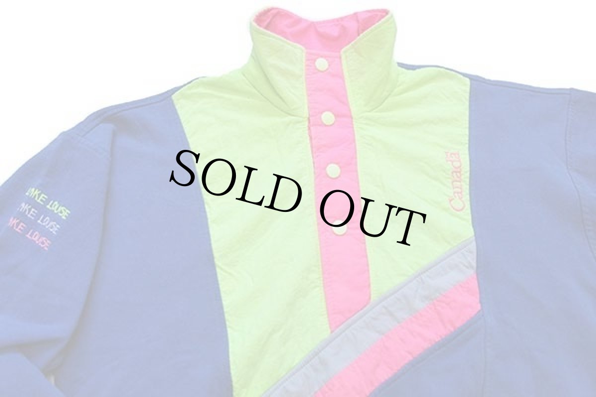 画像3: 90s カナダ製 The Shirt Company 刺繍入り 蛍光 マルチカラー プルオーバー ナイロン 切り替え スウェット 青 S (3)