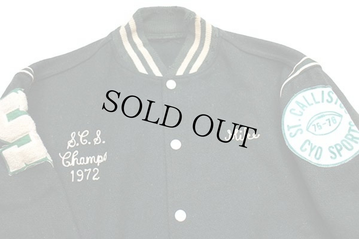 画像3: 70s MAPLE ST.CALLISTUS フェルトプリント&パッチ&チェーン刺繍 メルトン ウール スタジャン ボロ 緑 (3)