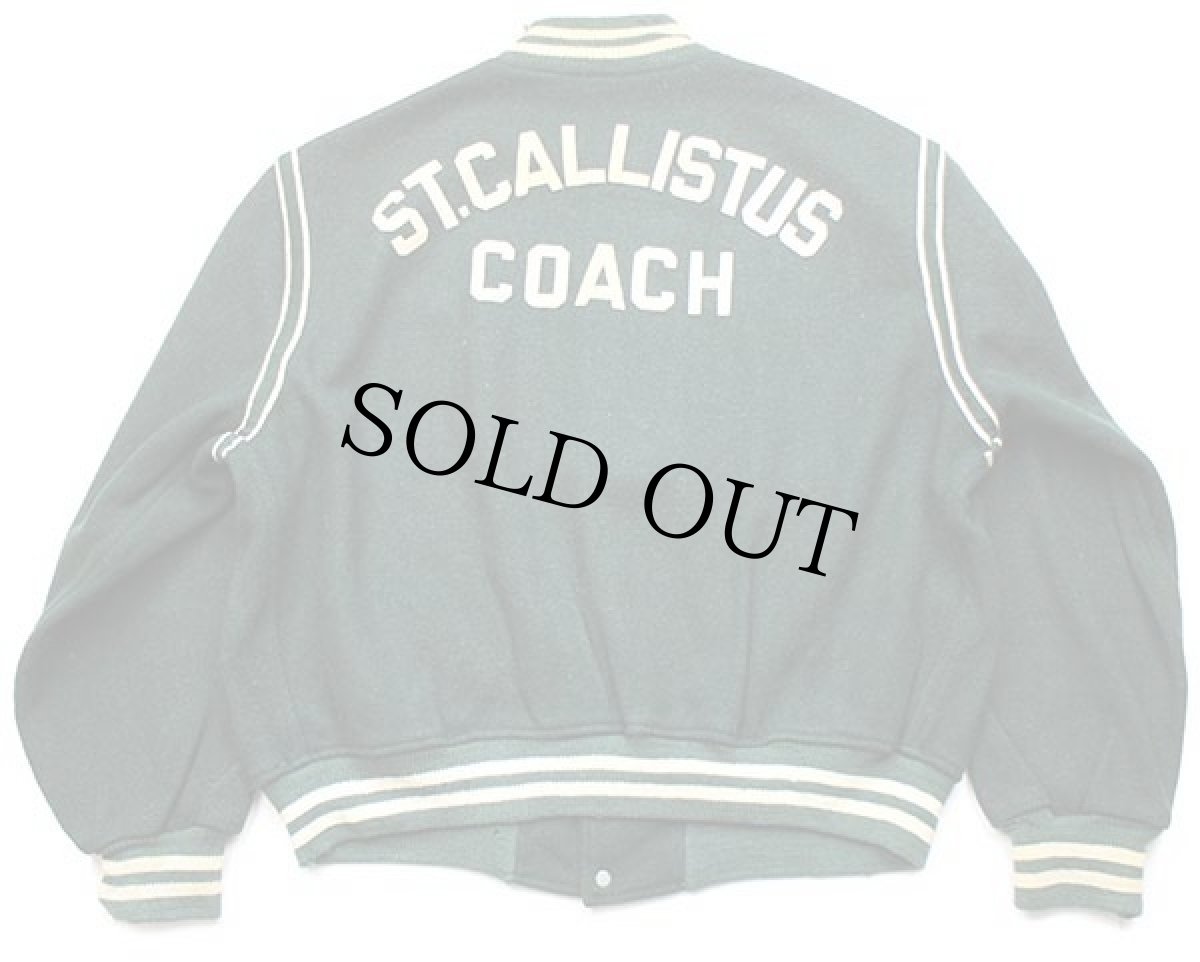 画像2: 70s MAPLE ST.CALLISTUS フェルトプリント&パッチ&チェーン刺繍 メルトン ウール スタジャン ボロ 緑 (2)