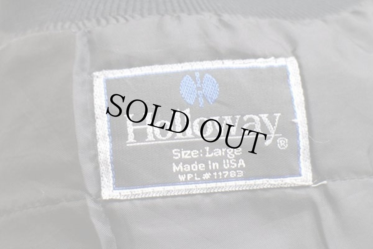 画像4: 90s USA製 HOLLOWAY ロゴ刺繍 中綿入り メルトン ウール 袖革スタジャン 黒×黒 L (4)