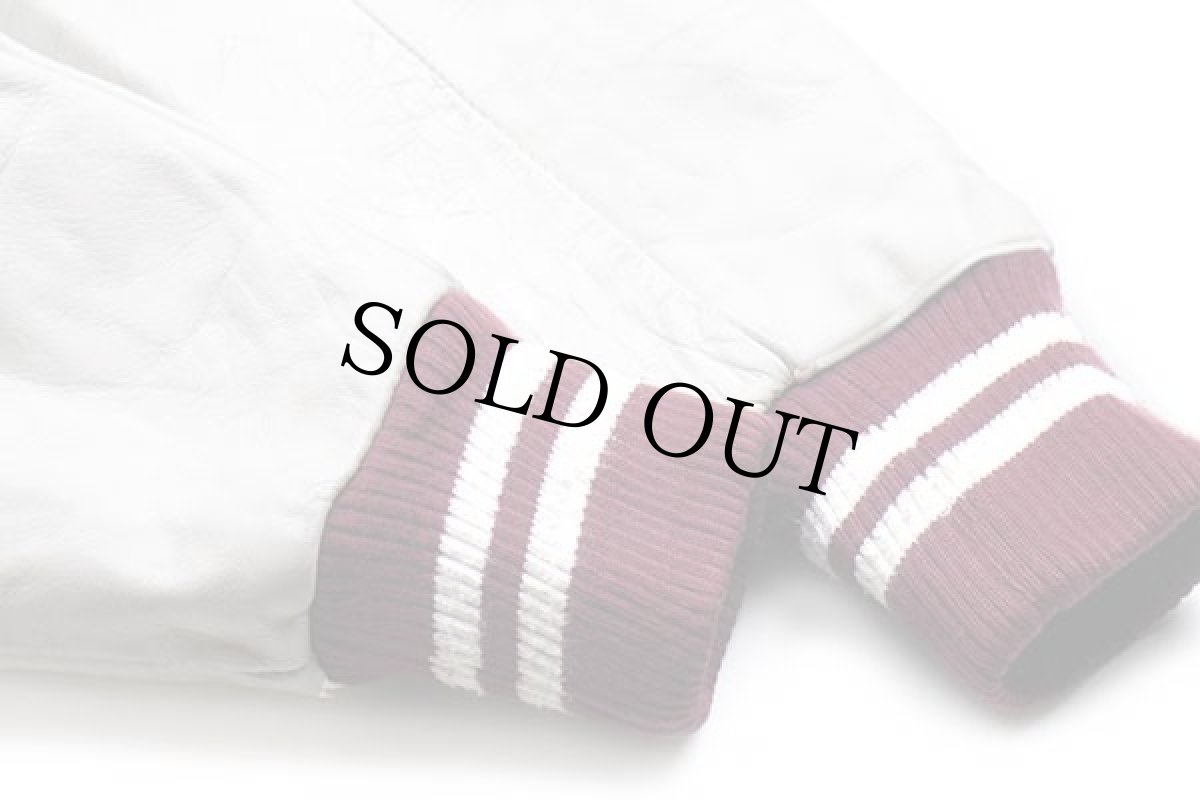 画像8: 90s カナダ製 UNIVERSITY OF OTTAWA パッチ付き スタンドカラー メルトン ウール 袖革スタジャン ワインレッド×白 M (8)