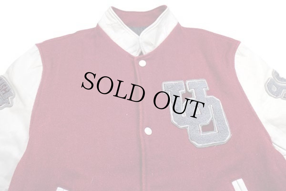 画像4: 90s カナダ製 UNIVERSITY OF OTTAWA パッチ付き スタンドカラー メルトン ウール 袖革スタジャン ワインレッド×白 M (4)