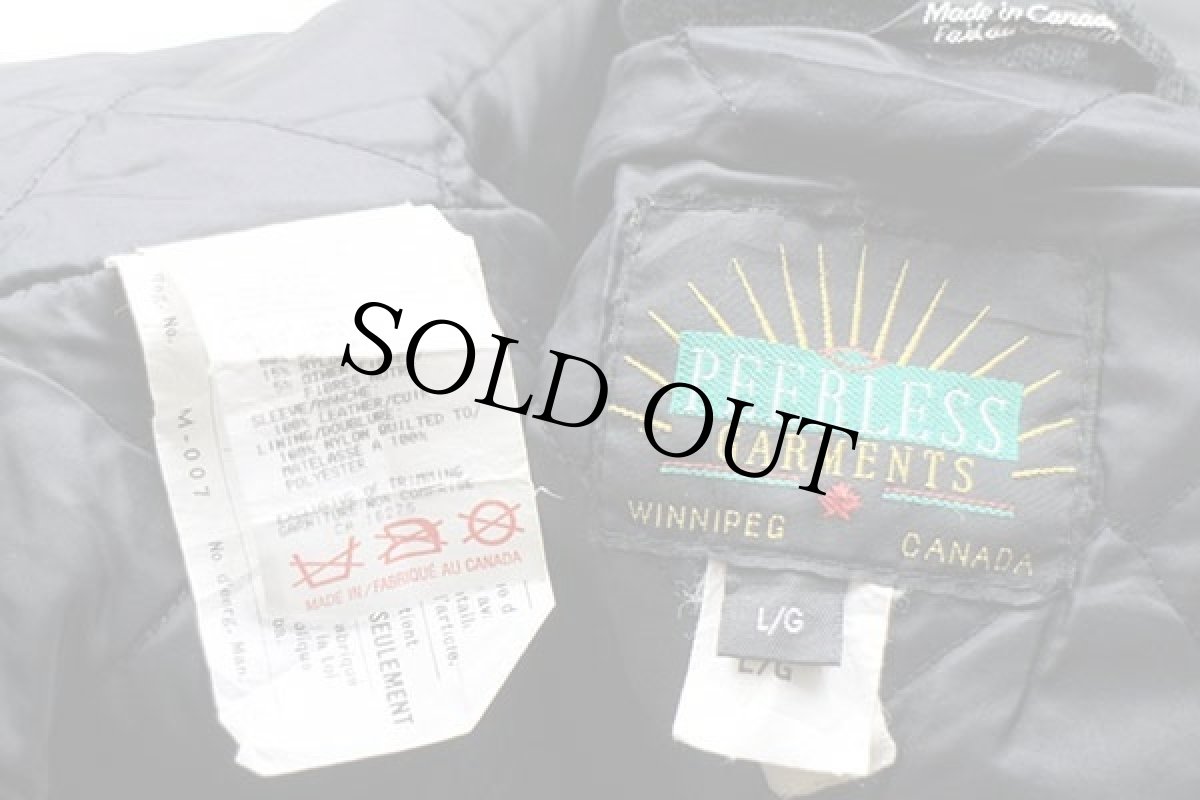 画像4: 90s カナダ製 PEERLESS スタンドカラー キルティングライナー メルトン ウール 袖革スタジャン 黒×黒 (4)