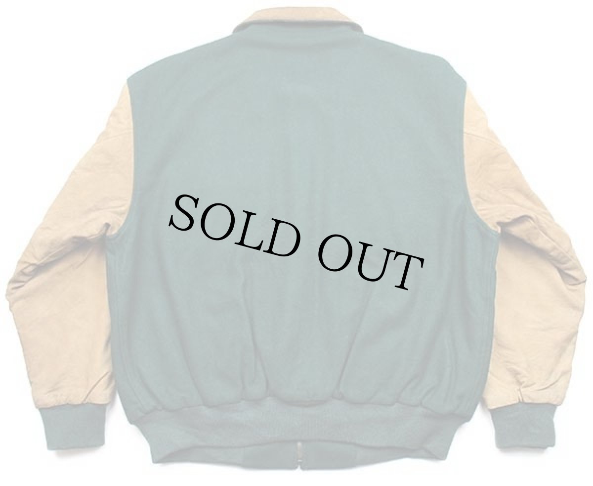 画像2: 90s JANSPORTジャンスポーツ ロゴ刺繍 キルティングライナー メルトン ウール 袖革スタジャン 緑×茶 (2)