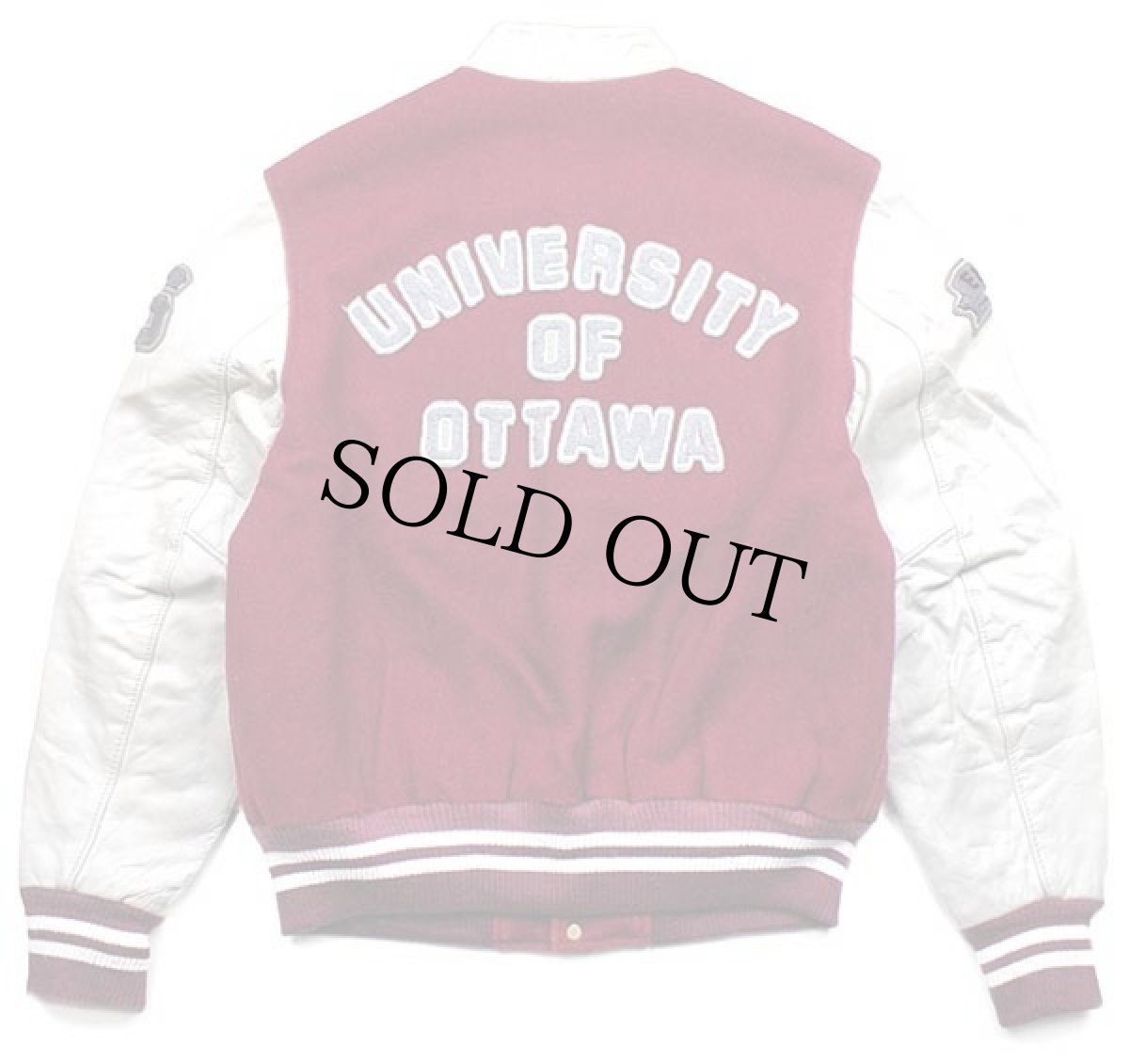 画像2: 90s カナダ製 UNIVERSITY OF OTTAWA パッチ付き スタンドカラー メルトン ウール 袖革スタジャン ワインレッド×白 M (2)