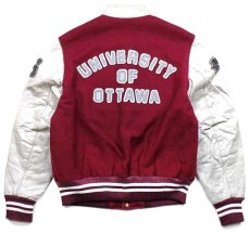 画像2: 90s カナダ製 UNIVERSITY OF OTTAWA パッチ付き スタンドカラー メルトン ウール 袖革スタジャン ワインレッド×白 M (2)