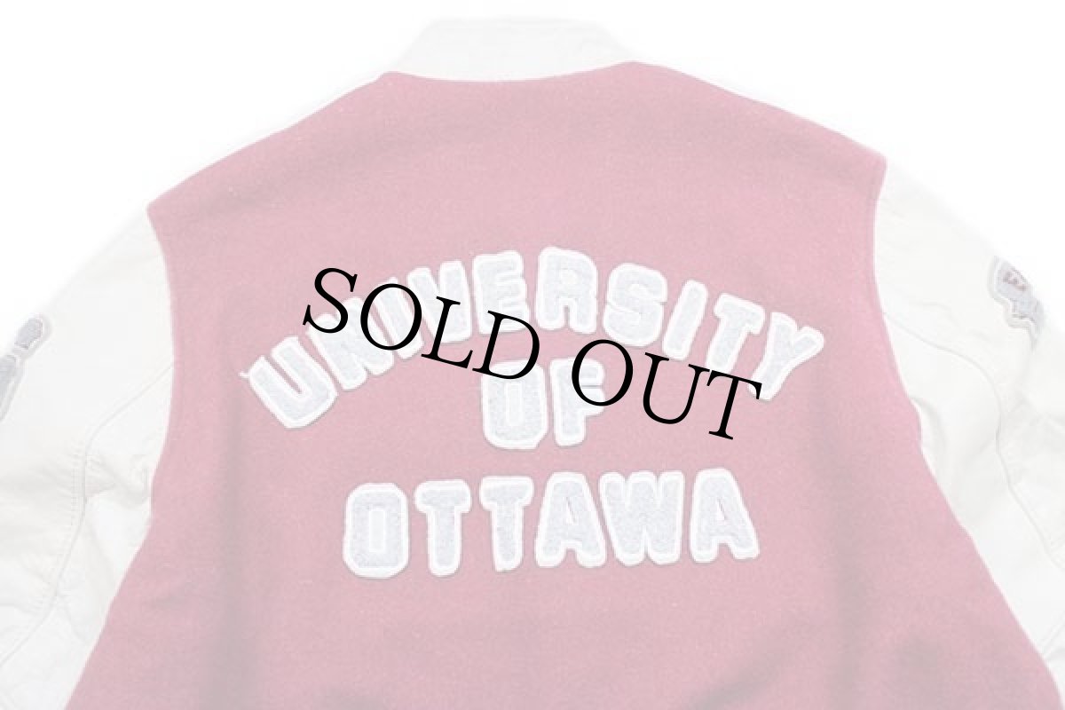 画像3: 90s カナダ製 UNIVERSITY OF OTTAWA パッチ付き スタンドカラー メルトン ウール 袖革スタジャン ワインレッド×白 M (3)