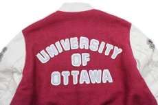 画像3: 90s カナダ製 UNIVERSITY OF OTTAWA パッチ付き スタンドカラー メルトン ウール 袖革スタジャン ワインレッド×白 M (3)