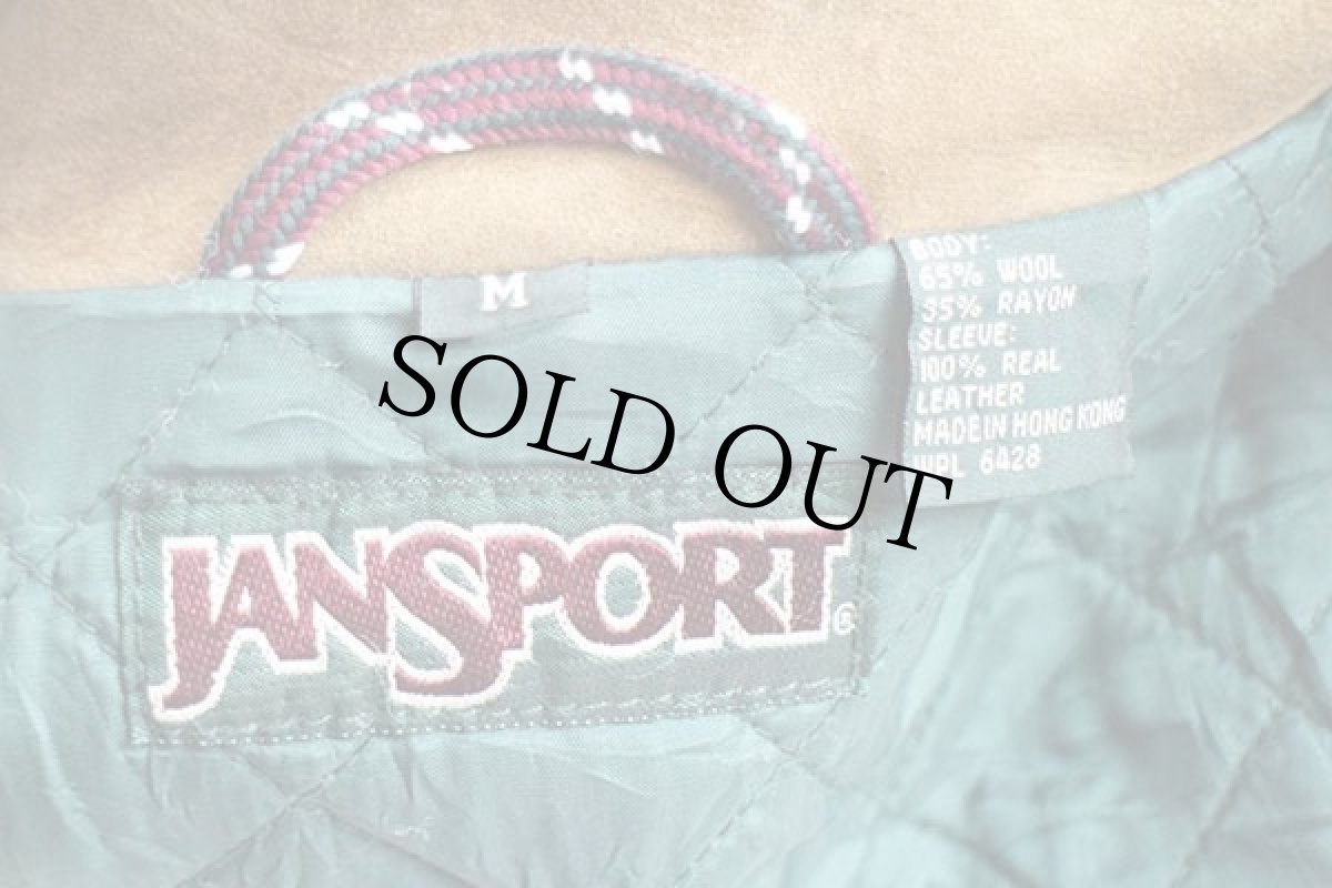 画像4: 90s JANSPORTジャンスポーツ ロゴ刺繍 キルティングライナー メルトン ウール 袖革スタジャン 緑×茶 (4)