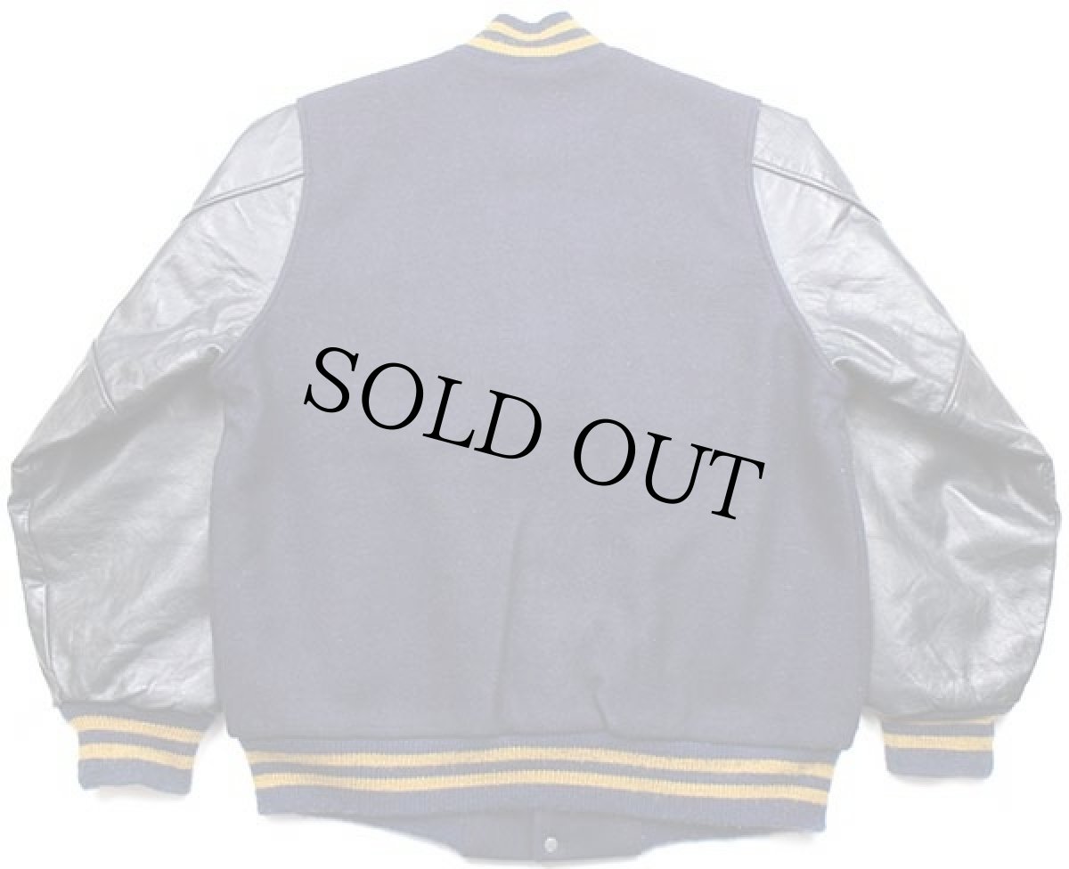 画像2: 80s USA製 RHIANNON刺繍&パッチ付き キルティングライナー メルトン ウール 袖革スタジャン 紺×濃紺 M (2)