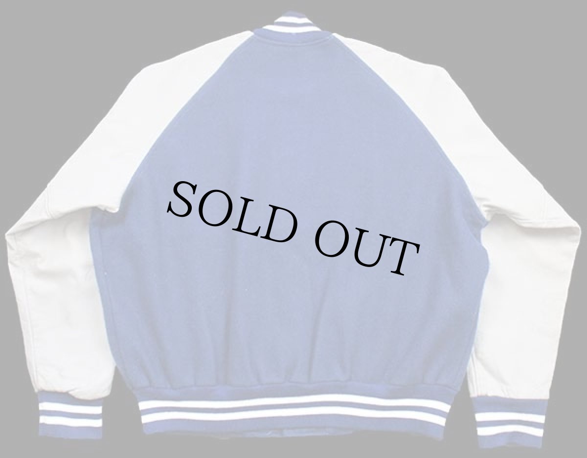 画像2: 90s USA製 gem SPORTSWEAR メルトン ウール 袖革スタジャン 青×白 XL (2)