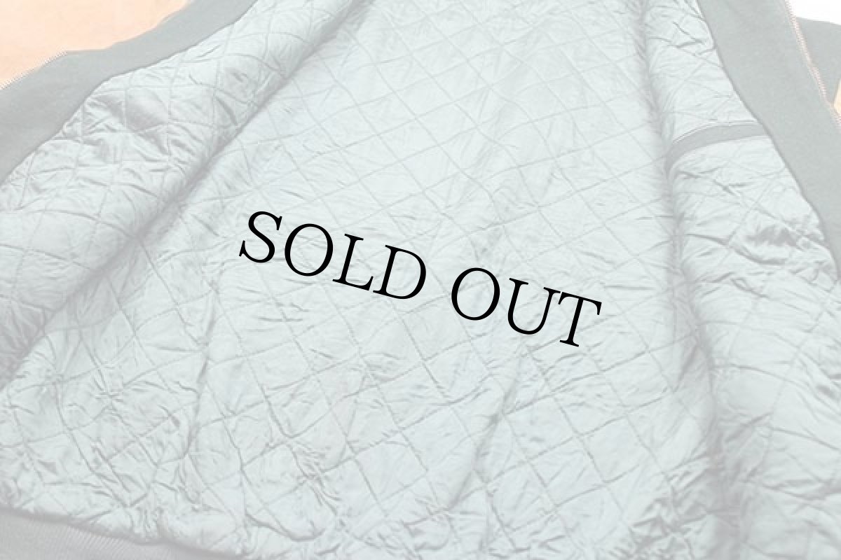 画像5: 90s JANSPORTジャンスポーツ ロゴ刺繍 キルティングライナー メルトン ウール 袖革スタジャン 緑×茶 (5)