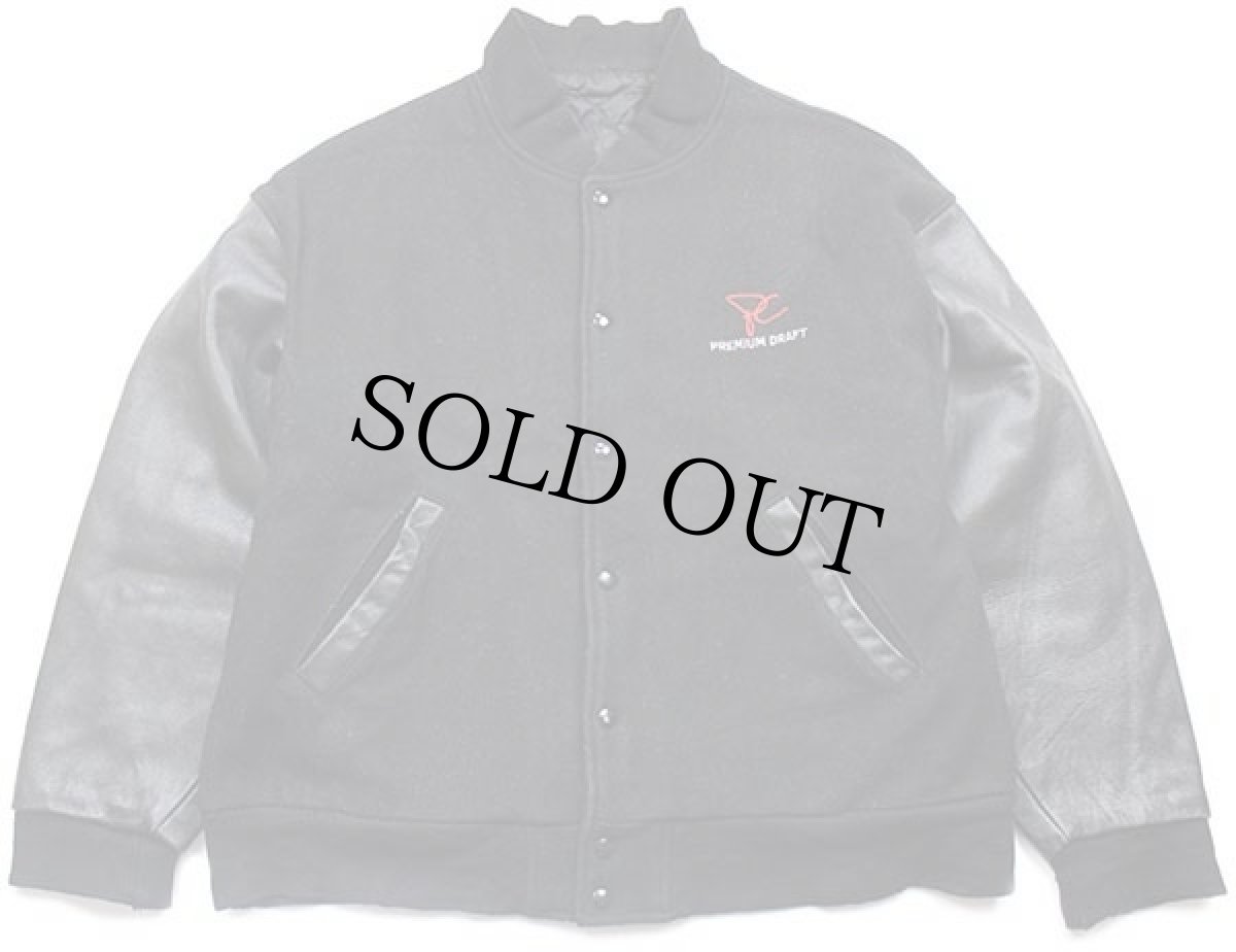 画像2: 90s PC PREMIUM DRAFT刺繍 キルティングライナー メルトン ウール 袖革スタジャン 黒×黒 (2)