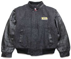 画像1: 90s カナダ製 RAYOVAC刺繍 スタンドカラー 中綿入り メルトン ウール 袖革スタジャン チャコールグレー×黒 (1)