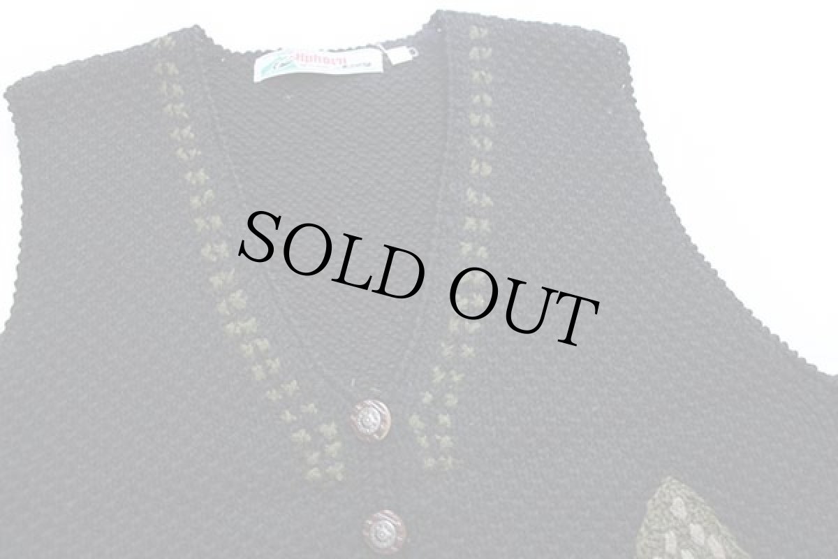 画像3: 90s Alphorn ヒツジ フラワー 刺繍 ローゲージ ウールニット ベスト ブラック 42 (3)