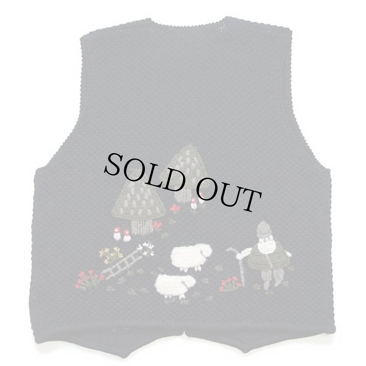 画像2: 90s Alphorn ヒツジ フラワー 刺繍 ローゲージ ウールニット ベスト ブラック 42 (2)