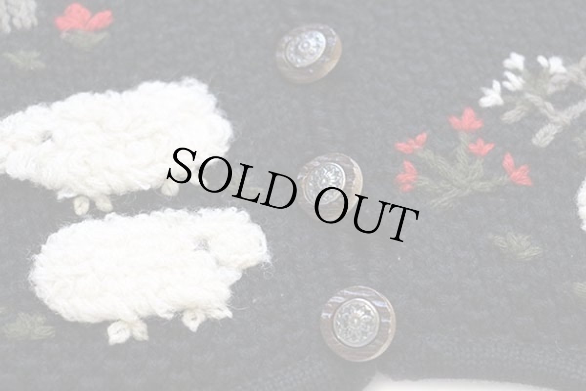 画像6: 90s Alphorn ヒツジ フラワー 刺繍 ローゲージ ウールニット ベスト ブラック 42 (6)