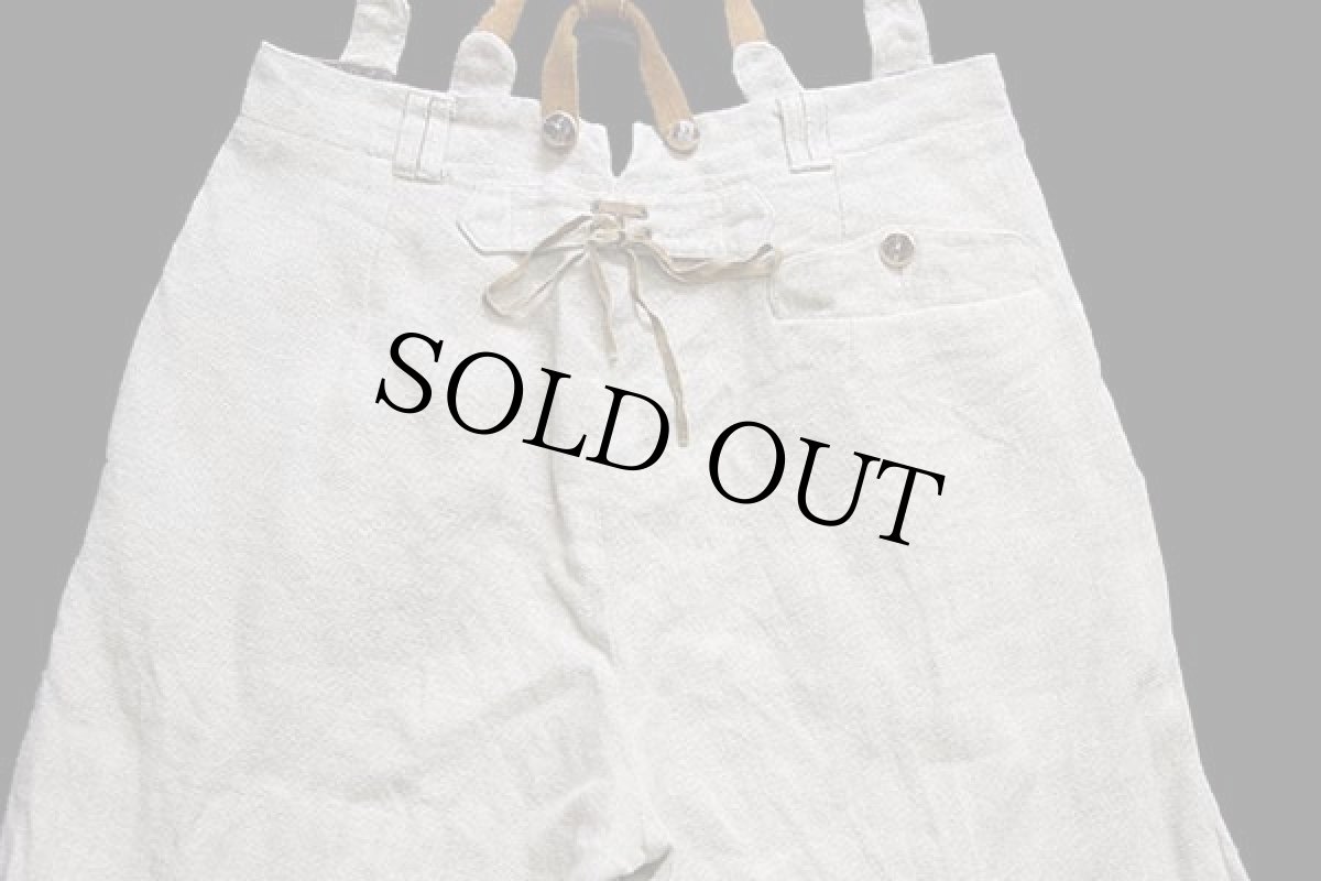 画像5: オーストリア製 Amann 鹿角ボタン スリータック チロリアン リネンパンツ サスペンダー付き グレーベージュ 50 (5)