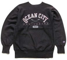 画像1: 90s USA製 Championチャンピオン OCEAN CITY NEW JERSEY CREW ひび割れプリント リバースウィーブ スウェット 黒 M (1)