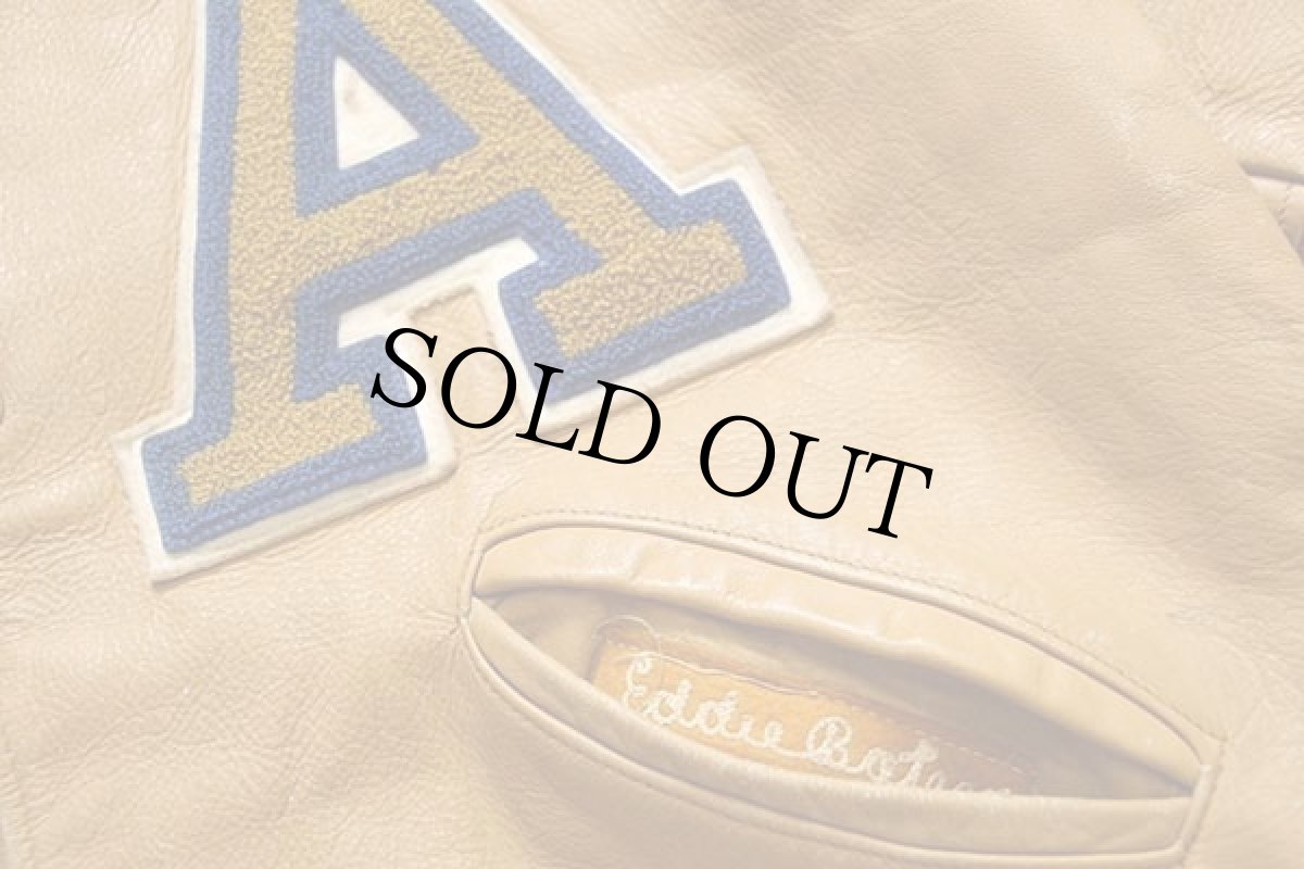 画像5: 60s HOWE パッチ付き オールレザー スタジャン ボロ ペンキ飛び 黄土色 46 (5)