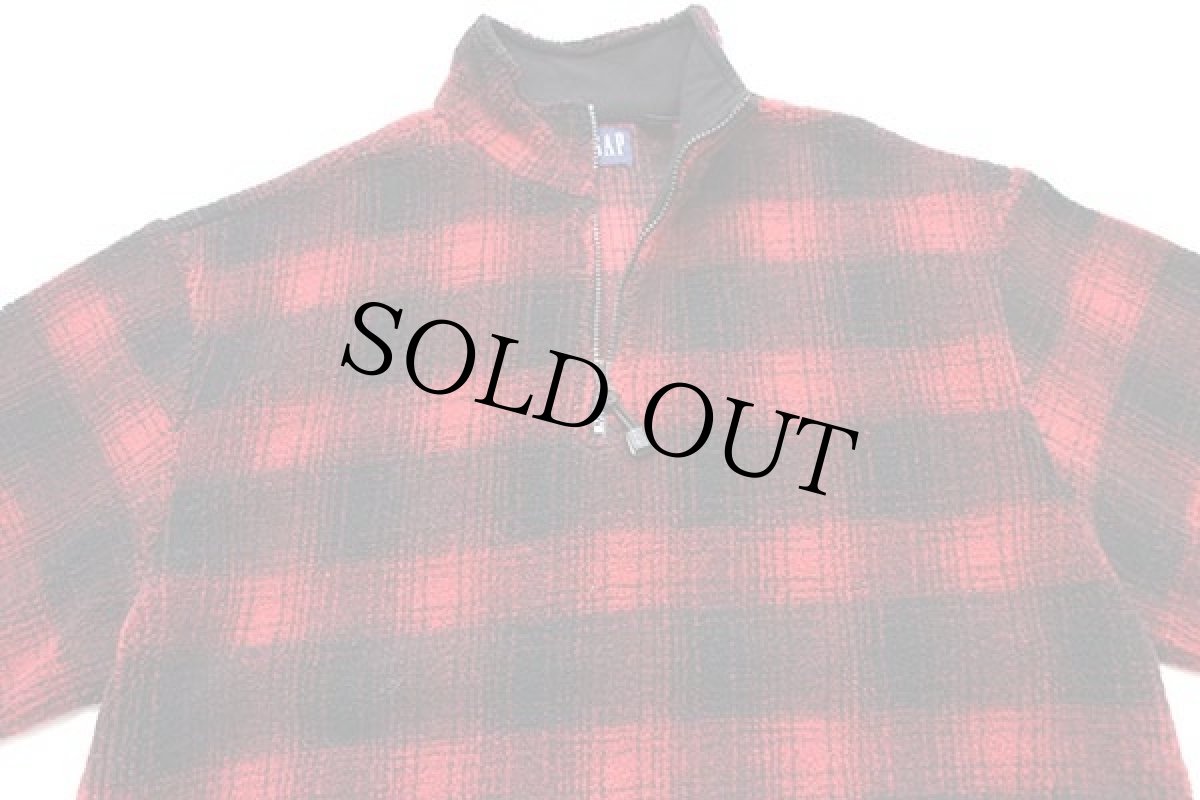 画像3: 00s GAP オンブレチェック ハーフジップ プルオーバー パイル フリース 赤×黒 L (3)