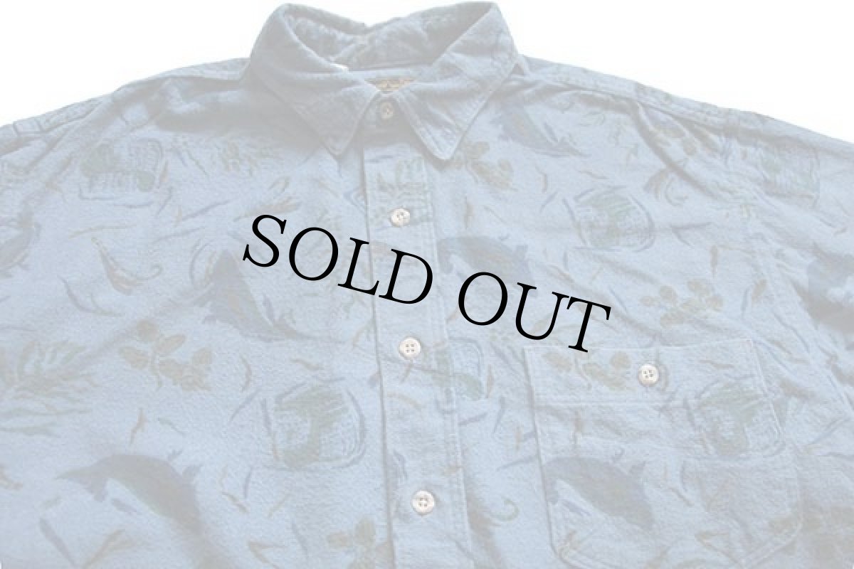 画像3: 80s USA製 EddieBauerエディーバウアー フライフィッシング 総柄 コットン シャモアクロスシャツ ブルーグレー L (3)