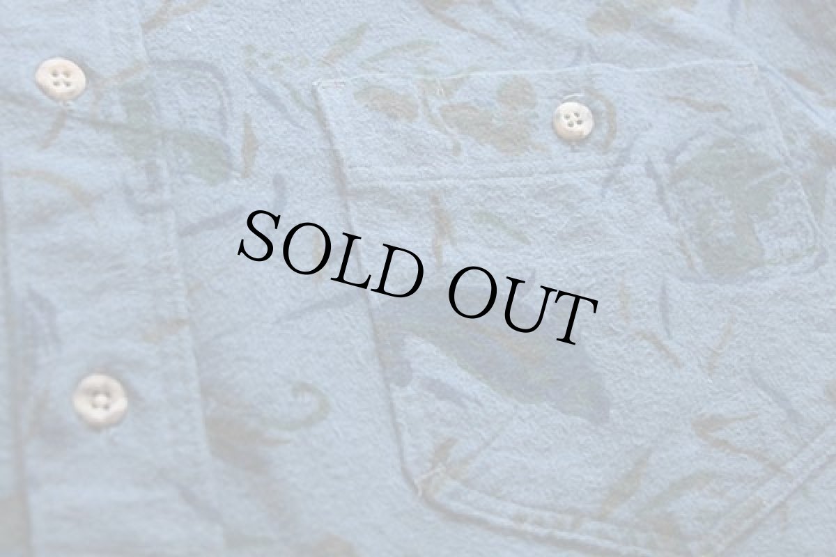 画像5: 80s USA製 EddieBauerエディーバウアー フライフィッシング 総柄 コットン シャモアクロスシャツ ブルーグレー L (5)