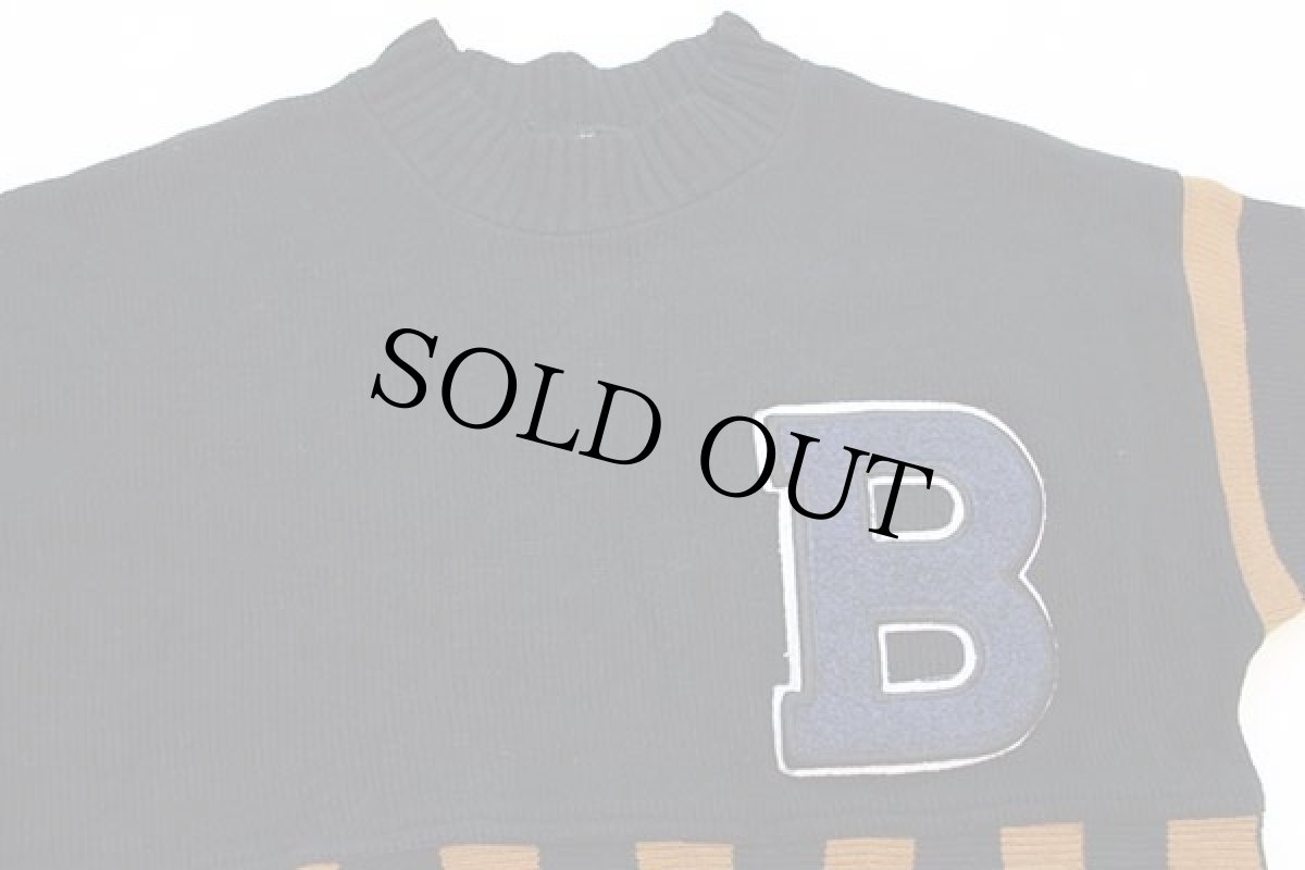 画像3: 80s USA製 Heng's ストライプ 切り替え パッチ付き ポリエステル×コットンニット セーター 黒×黄土色 (3)