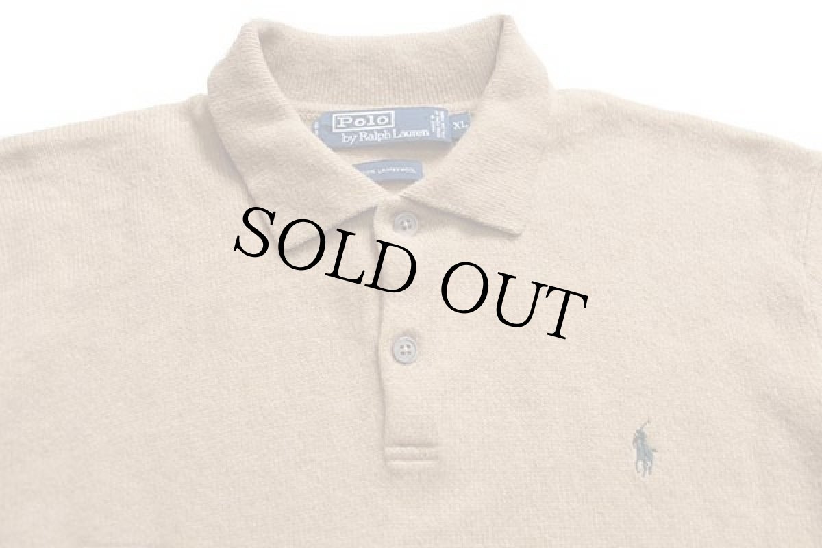 画像3: 90s ポロ ラルフローレン ワンポイント ラムウールニット ポロシャツ ライトブラウン XL (3)