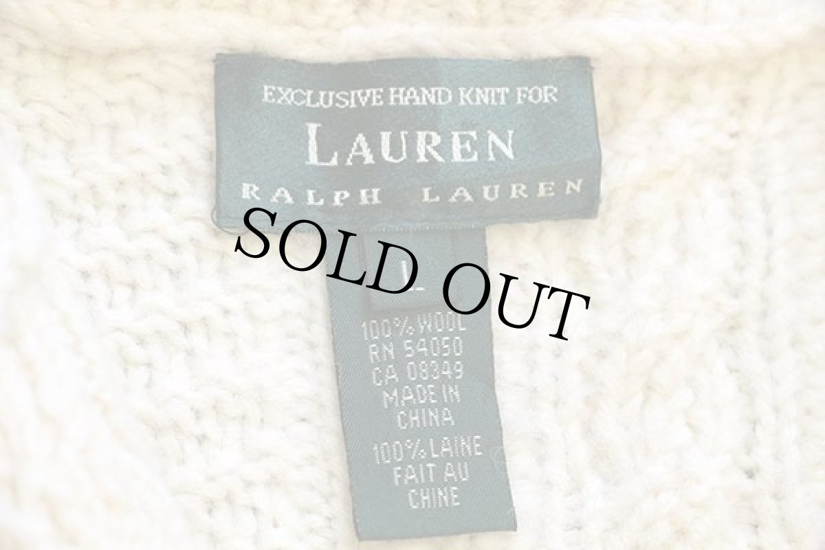 画像4: 00s LAUREN ラルフローレン ハイネック パネル切り替え ケーブル編み ウール ハンドニット カーディガン ナチュラル L (4)