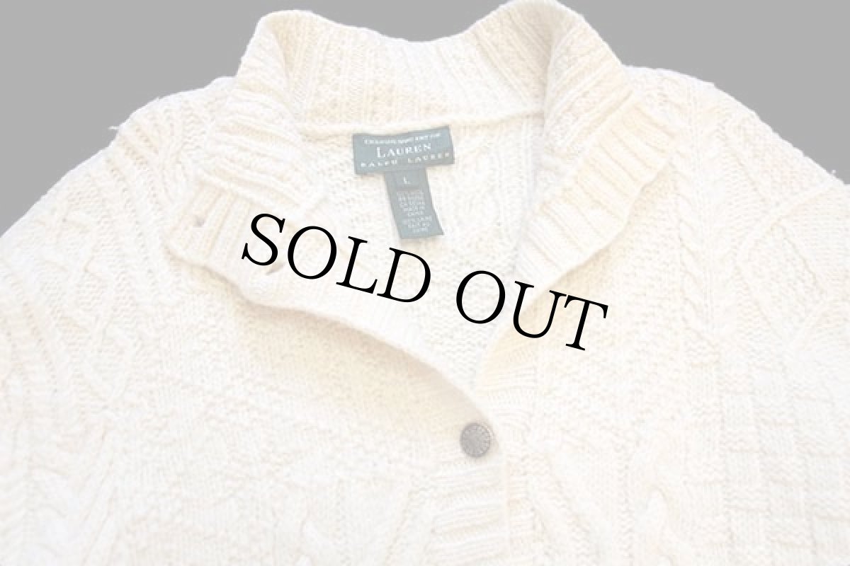画像3: 00s LAUREN ラルフローレン ハイネック パネル切り替え ケーブル編み ウール ハンドニット カーディガン ナチュラル L (3)