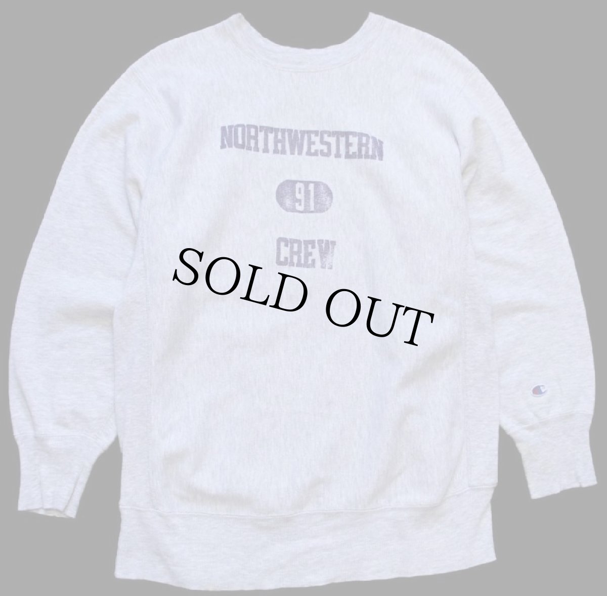 画像2: 90s USA製 Championチャンピオン NORTHWESTERN 91 CREW 三段中抜き 両面ひび割れプリント リバースウィーブ スウェット 杢グレー XL (2)